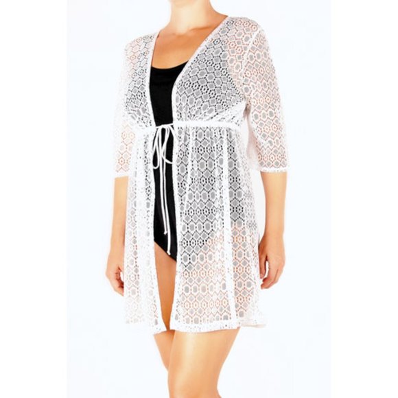 new 2X Swimsuit CoverUp Beach Pool Lace Kimino White Robe PLUS - Picture 1 of 7